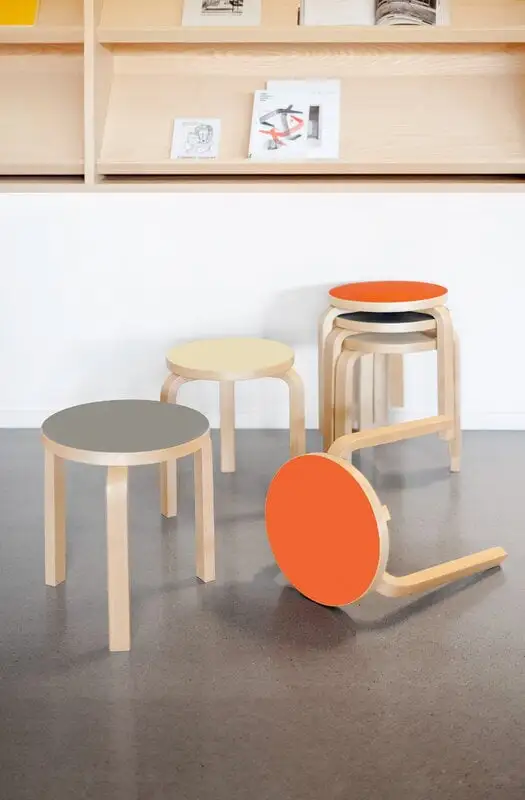 Artek Aalto Stool 60, Orange Linoleum - Birch 4 Artek Aalto Stool 60, Orange Linoleum - Birch - Image 2